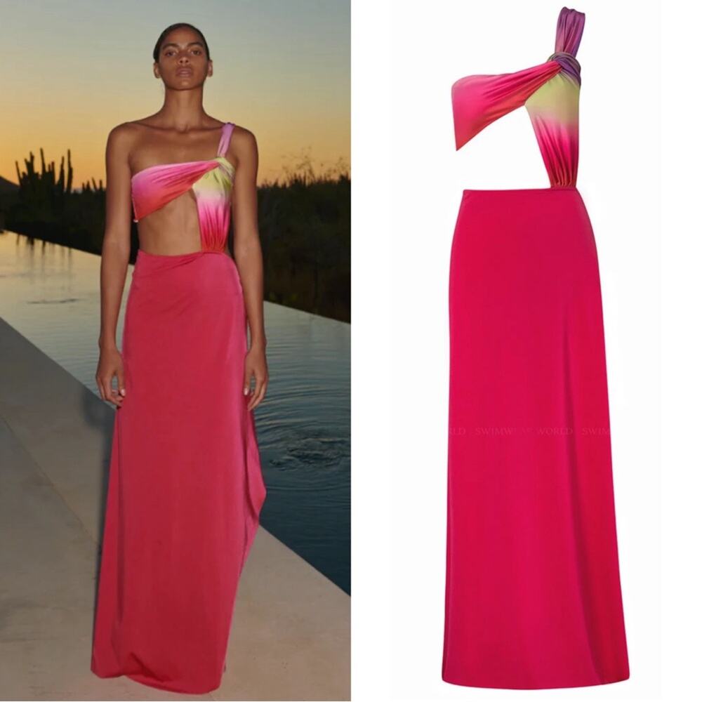 BAOBAB Cumbiana One Shoulder Cutout Rainbow Pink Maxi Dress Size Large